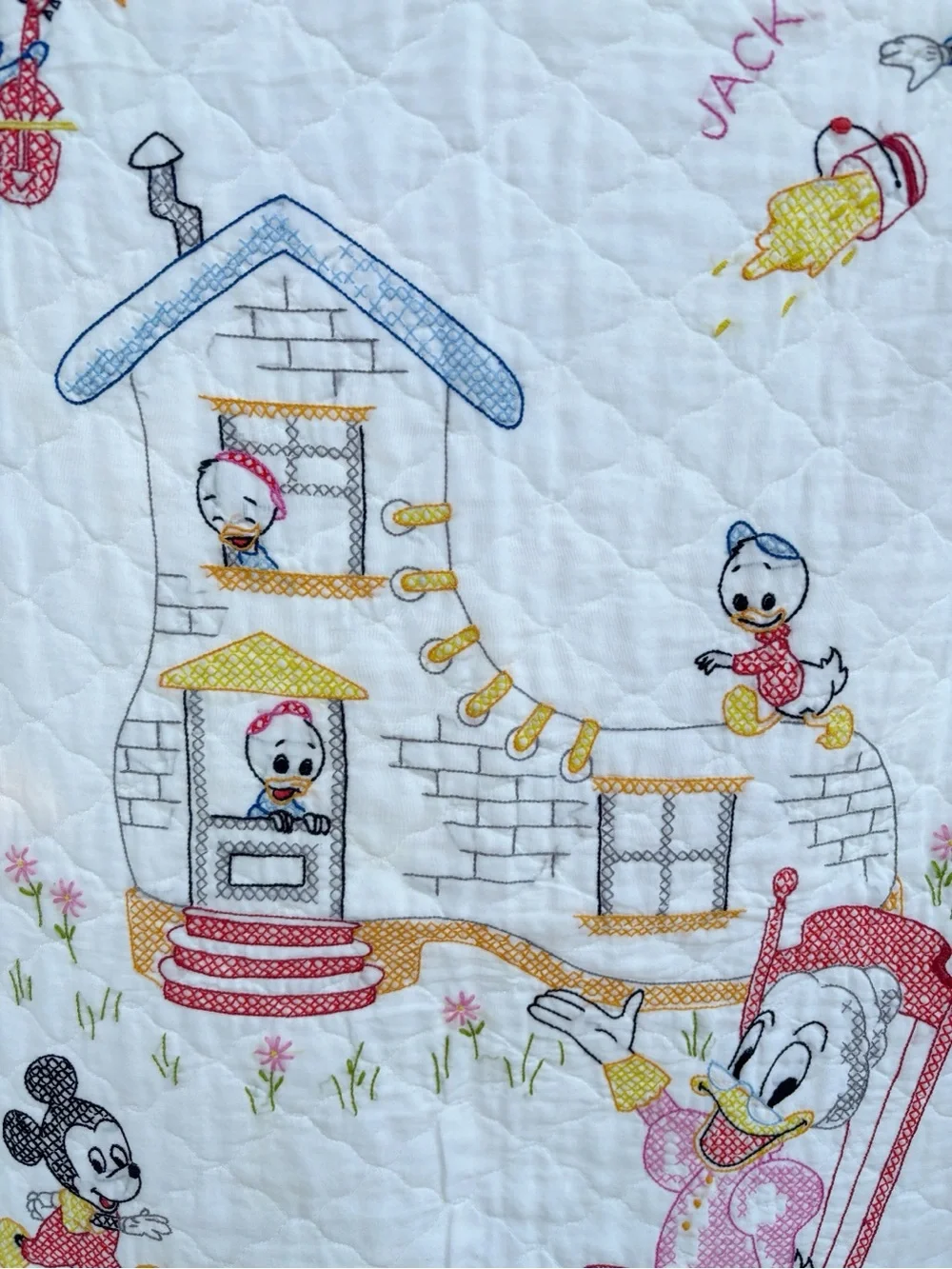 Vintage Disney Cross Stitch Embroidered Crib Quilt Nursery Rhyme Story 60 X 39